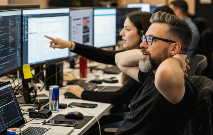 A man and a woman are thinking and working in front of computers.